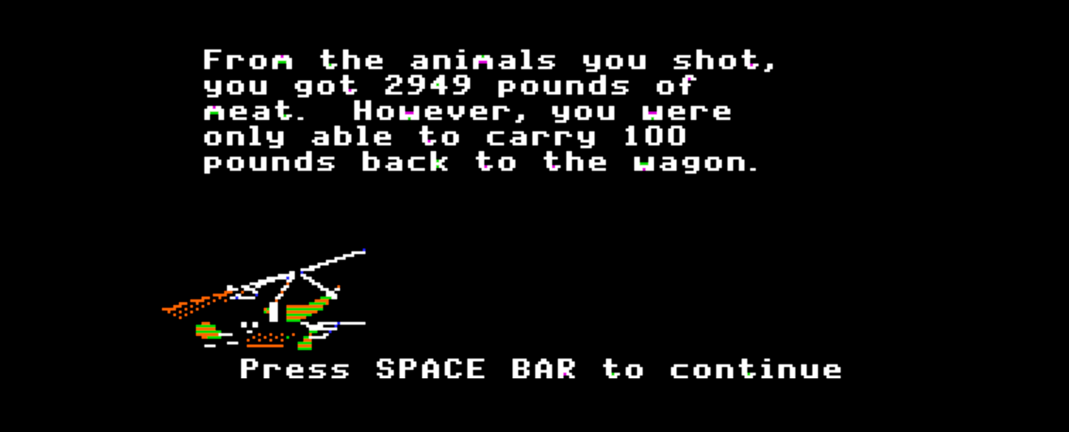 Screenshot from Oregon Trail computer game. From the animals you shot, you got 2949 pounds of meat but were only able to carry 100 pounds back to the wagon.